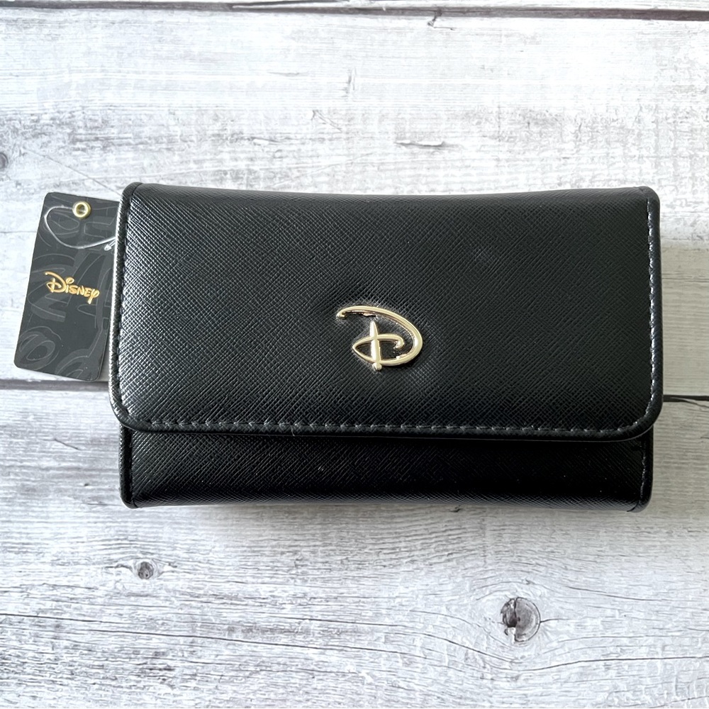 Disney Signature D Logo Gold Black Vegan Leather Foldover Wallet